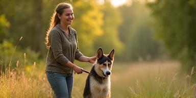 Dresseur souriant guidant un chien obéissant en extérieur
