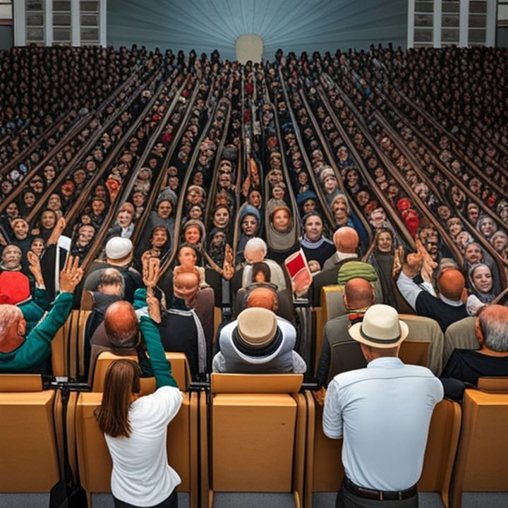 Una imagen muestra a personas votando en una asamblea ciudadana